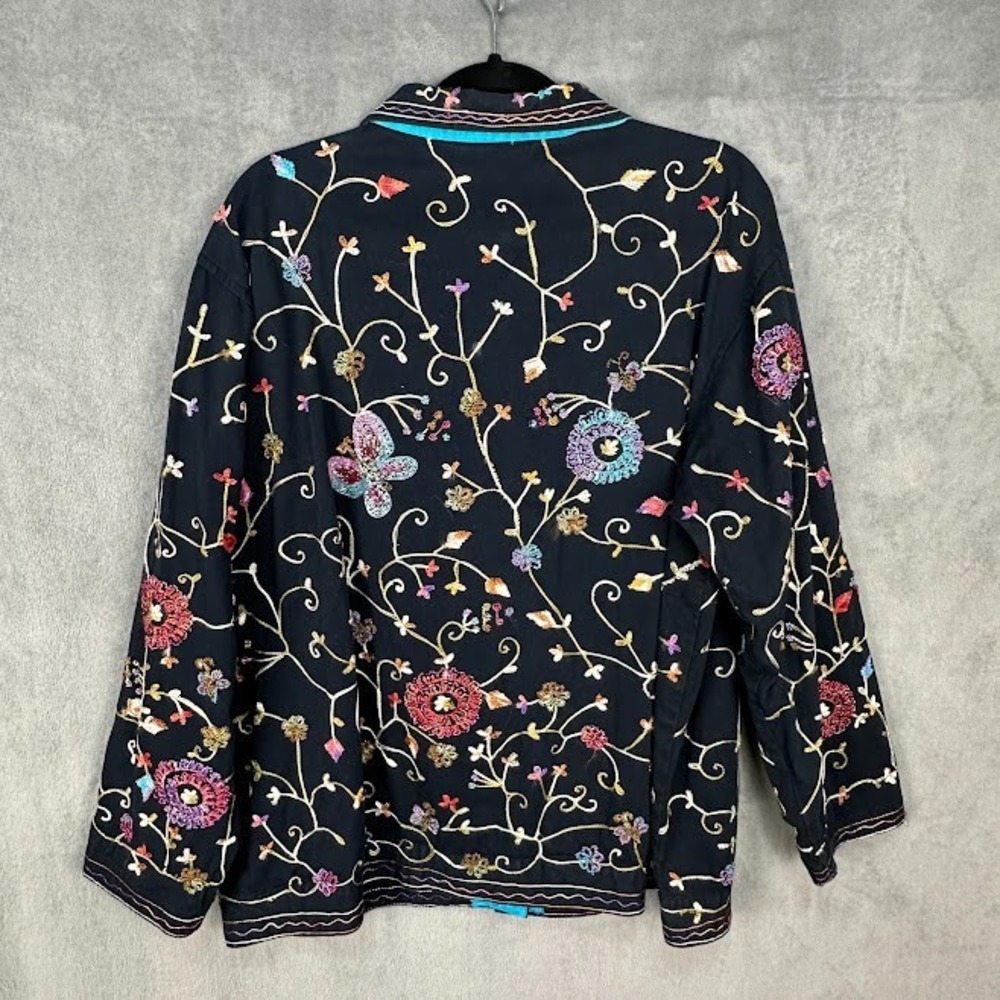 Quacker Factory Blazer Womens 2X Black Sequin Flower Butterfly Embroidered Boho - Picture 7 of 13